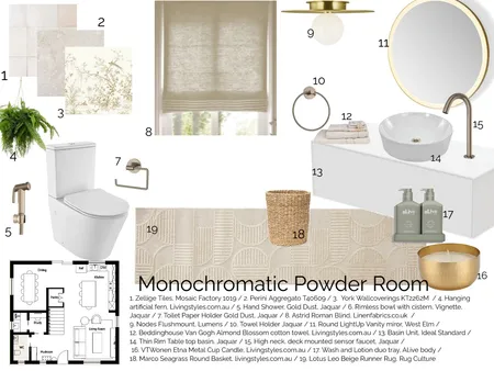 monochromatic powder room Interior Design Mood Board by BonnDesign on Style Sourcebook