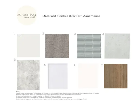 Materials & Finishes overview- Aquamarine Interior Design Mood Board by Alice + Ivy Design Studio on Style Sourcebook