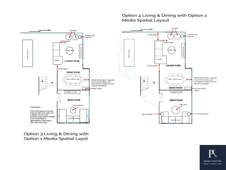 Option 3 Living and Dining with Option 1 Home Theatre Option 4Living and Dining with Option 2 Home Theatre Spatial Layout Interior Design Mood Board by MaryV