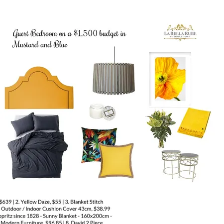 guest bedroom on a $1,500 budget in mustard and blue Interior Design Mood Board by La Bella Rube Interior Styling on Style Sourcebook