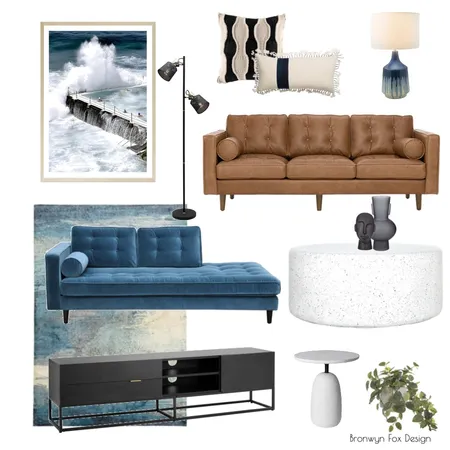 Blue and Leather Living Room Interior Design Mood Board by bronwynfox on Style Sourcebook