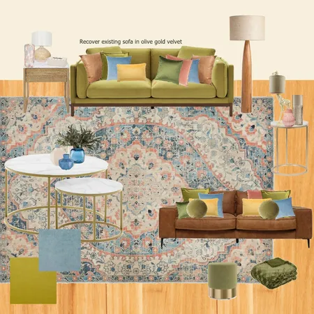 olive Velvet lounge - blue orange rug fabrics Interior Design Mood Board by randomly_chaotic on Style Sourcebook