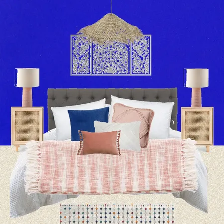 Julie Herbain bed 1 with peach lamps and wood wall art and pendant Interior Design Mood Board by Laurenboyes on Style Sourcebook