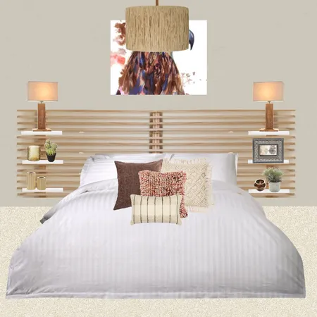 Julie Herbain bed 2 greige wall with eagle picture, brown lamps and pendant Interior Design Mood Board by Laurenboyes on Style Sourcebook