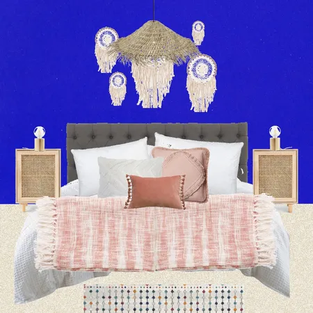 Julie Herbain bed 1 with filament lamps and dream catchers and hat lampshade, minus blue cushion Interior Design Mood Board by Laurenboyes on Style Sourcebook