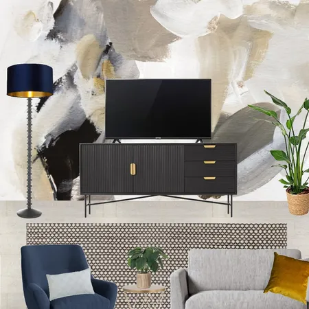 Saira - TV wall view with grey snuggle and navy armchair + wall art mural Interior Design Mood Board by Laurenboyes on Style Sourcebook