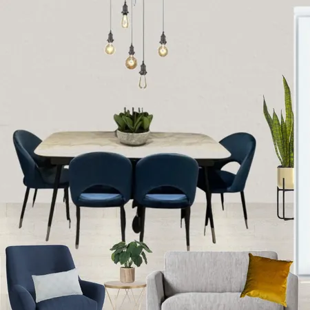 Saira - Dining view with grey paint, grey snuggle and navy armchair + Ore ceramic table + chairs and 5 wire pendant Interior Design Mood Board by Laurenboyes on Style Sourcebook