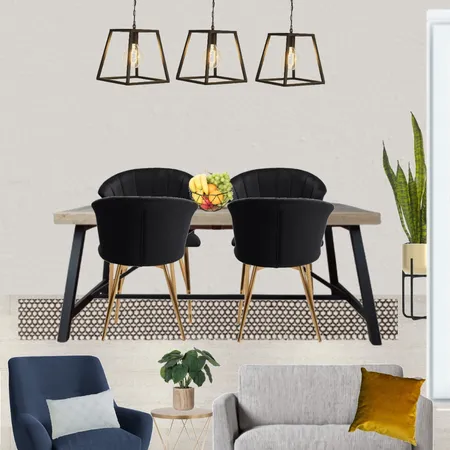 Saira - Dining view with grey paint, grey snuggle and navy armchair + Industrial table and 3x metal trapeze pendant, black chairs + black/beige rug Interior Design Mood Board by Laurenboyes on Style Sourcebook