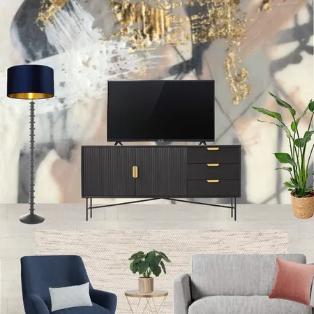 Saira - TV wall view with grey snuggle and navy armchair + golden blush wallpaper Interior Design Mood Board by Laurenboyes on Style Sourcebook