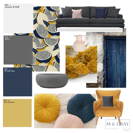 Mustard and Blue Triadic Color Scheme Interior Design Mood Board by M & Gray Design on Style Sourcebook