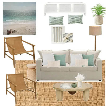 Sand Beige 3 seat Sofa Bed  & Leather armchairs- Andros Island print Interior Design Mood Board by LaraMcc on Style Sourcebook