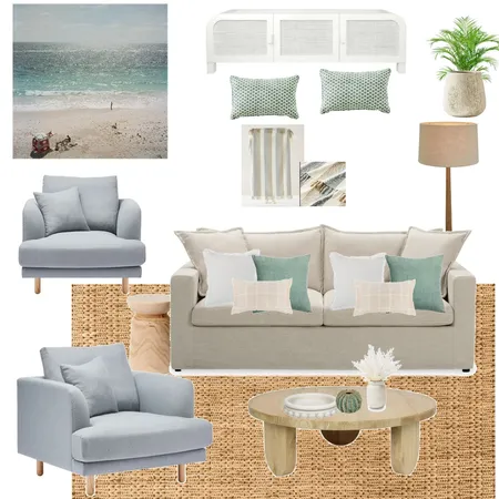 Sand Beige 3 seat Sofa Bed  & pale blue armchairs- Andros Island print Interior Design Mood Board by LaraMcc on Style Sourcebook