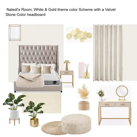 Naledi's Room, white & Gold Color Scheme with Velvet Stone headboard. Interior Design Mood Board by Asma Murekatete on Style Sourcebook