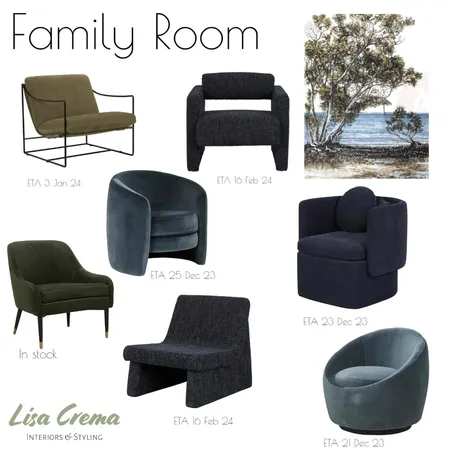 Family Room Chairs Interior Design Mood Board by Lisa Crema Interiors and Styling on Style Sourcebook