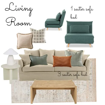 Living Room - Greens and rust - fold out sofa bed Interior Design Mood Board by LaraMcc on Style Sourcebook