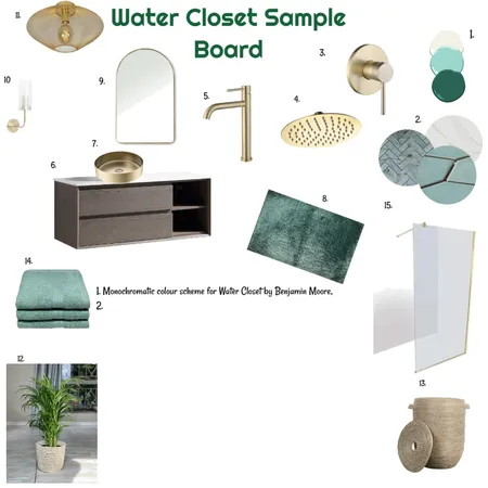 Green Monochromatic Sample Board for Water Closet 11-12-24 Interior Design Mood Board by JudyK on Style Sourcebook