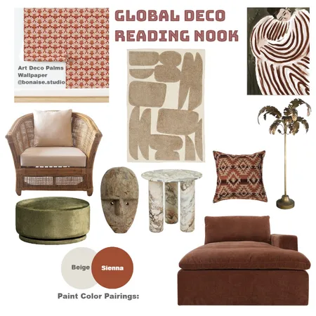 Global Deco Reading Nook Interior Design Mood Board by Bonaise Surface Designer (Textiles, Wallpaper + More) on Style Sourcebook