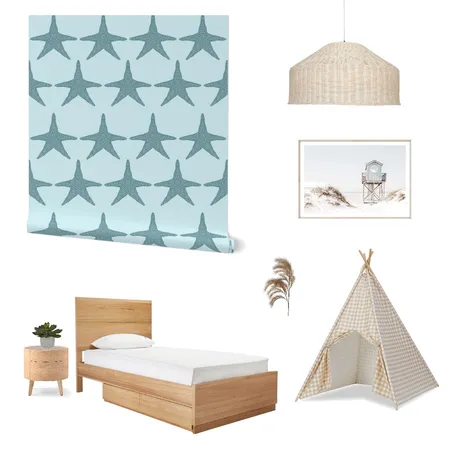 Blue preppy Coastal Starfish Wallpaper for Kid’s Room Decor Interior Design Mood Board by ashclarkart on Style Sourcebook