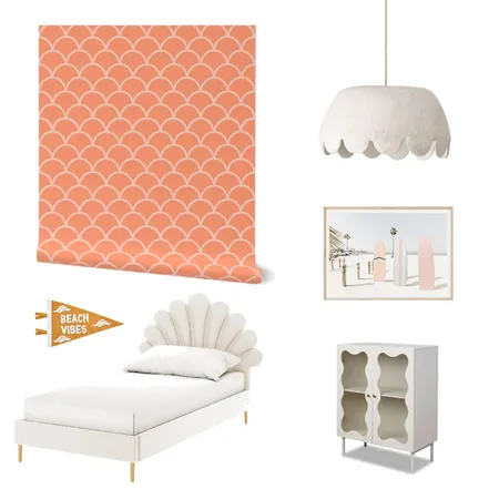 Tangerine Pink Preppy Coastal Scallops Wallpaper for Girl’s Room Decor Interior Design Mood Board by ashclarkart on Style Sourcebook