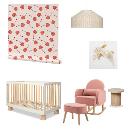 Cottagecore Cherries Wallpaper for Nursery Decor Interior Design Mood Board by ashclarkart on Style Sourcebook