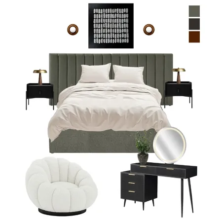 A Calm Contemporary Bedroom in Olive, Black, and Warm Brass Interior Design Mood Board by Luxo Living on Style Sourcebook
