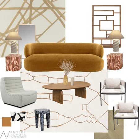 Contemporary Mid-Century Living Room - Burnt Orange Rug Interior Design Mood Board by ANNEKE NOMURA INTERIORS on Style Sourcebook