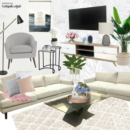 living room blue pink white black with tv Interior Design Mood Board by stephc.style on Style Sourcebook