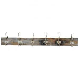 Perin Recycled Teak Timber & Metal Hanger, 6 Hook, Rustic White / Weathered Natural by Chateau Legende, a Wall Shelves & Hooks for sale on Style Sourcebook