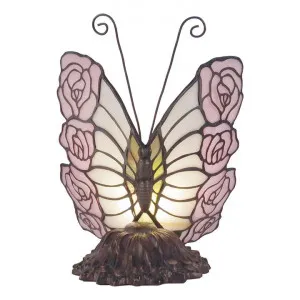 Tiffany Style Stained Glass Statue Table Lamp, Pink Rose Butterfly by GG Bros, a Table & Bedside Lamps for sale on Style Sourcebook