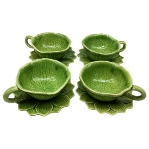 Lotus Thai Celadon Ceramic Coffee Cup & Saucer Set, Set of 4 by LIVGGO, a Cups & Mugs for sale on Style Sourcebook
