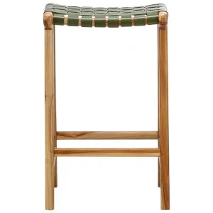 Lazie Woven Leather & Teak Counter Stool, Olive / Natural by FLH, a Bar Stools for sale on Style Sourcebook