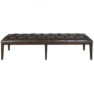 Florence Leather & Oak Timber Bench, 175cm, Aged Black by Provencal Treasures, a Benches for sale on Style Sourcebook