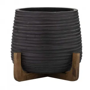 Keanu Planter with Wooden Base Black 260mm by Keanu, a Baskets, Pots & Window Boxes for sale on Style Sourcebook