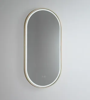 Gatsby Pill Shaped LED Mirror with Brushed Brass Frame - 90 x 45cm or 120 x 45cm 900mm x 450mm by Luxe Mirrors, a Illuminated Mirrors for sale on Style Sourcebook