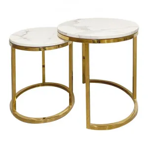Crown 2 Piece Stone & Metal Round Nesting Side Table Set, White / Gold by Boerio Furniture, a Side Table for sale on Style Sourcebook