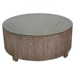 Biron Teak Timber Round Coffee Table with Glass Top, 90cm by Chateau Legende, a Coffee Table for sale on Style Sourcebook