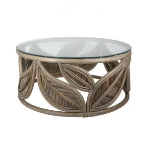 Seville Glass Topped Rattan Round Coffee Table, 81cm, Grey Wash by Florabelle, a Coffee Table for sale on Style Sourcebook