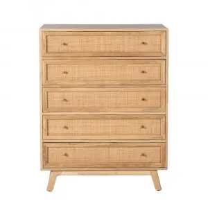 Tulum Mango Wood and Rattan Tallboy Wide Natural - 5 Drawer by James Lane, a Dressers & Chests of Drawers for sale on Style Sourcebook