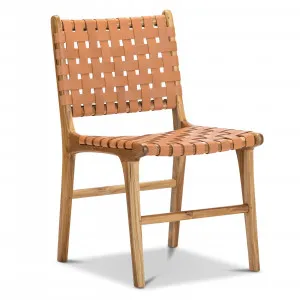 Lazie Set of 2 Leather Strapping Dining Chair, Teak & Natural Tan by L3 Home, a Dining Chairs for sale on Style Sourcebook