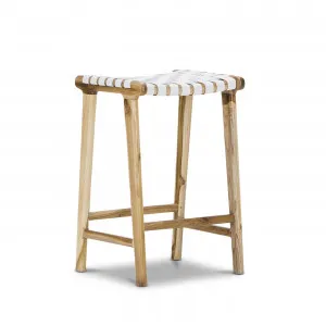 Lazie 66cm Leather Strapping Bar Stool, Teak & White by L3 Home, a Bar Stools for sale on Style Sourcebook