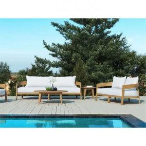 Hasmark Fabric & Teak Timber Outdoor Sofa, 3 Seater, Natural / Off White by Ambience Interiors, a Outdoor Sofas for sale on Style Sourcebook