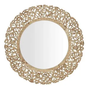 Jaipur Rose Garden Carved Teak Timber Frame Round Wall Mirror, 120cm, Driftwood by Florabelle, a Mirrors for sale on Style Sourcebook