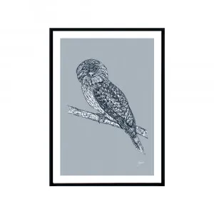 Tawny Frogmouth Australian Bird in Wedgewood Blue Fine Art Print | FRAMED Black Boxed Frame A3 (29.7cm x 42cm) by Luxe Mirrors, a Artwork & Wall Decor for sale on Style Sourcebook