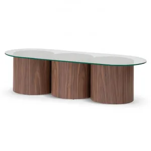 Mathis 1.4m Oval Glass Coffee Table - Walnut - Last One by Interior Secrets - AfterPay Available by Interior Secrets, a Coffee Table for sale on Style Sourcebook