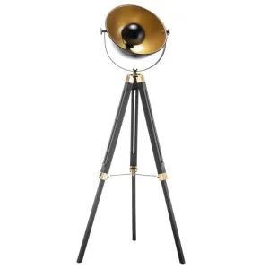 Alacctas Wooden Tripod Base Studio Spotlight Floor Lamp, Black / Gold by New Oriental, a Floor Lamps for sale on Style Sourcebook