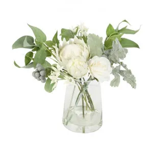 Rosie Artificial Protea & Rose Arrangement in Glass Vase, White Flower by Florabelle, a Plants for sale on Style Sourcebook