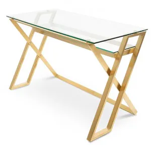 Ex Display - Vanessa 120cm Glass Home Office Desk - Brushed Gold Base by Interior Secrets - AfterPay Available by Interior Secrets, a Desks for sale on Style Sourcebook