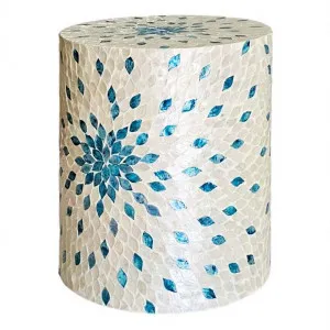Aquamarine Dream Mother Of Pearl Inlaid Round Accent Stool / Side Table by Philbee Interiors, a Side Table for sale on Style Sourcebook