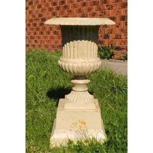 Venetian Cast Iron Fluted Garden Urn & Pedestal Set, Antique White by CHL Enterprises, a Baskets, Pots & Window Boxes for sale on Style Sourcebook