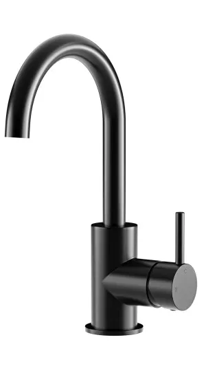 MEIR MATTE BLACK ROUND GOOSENECK BASIN MIXER WITH COLD START by Meir, a Bathroom Taps & Mixers for sale on Style Sourcebook